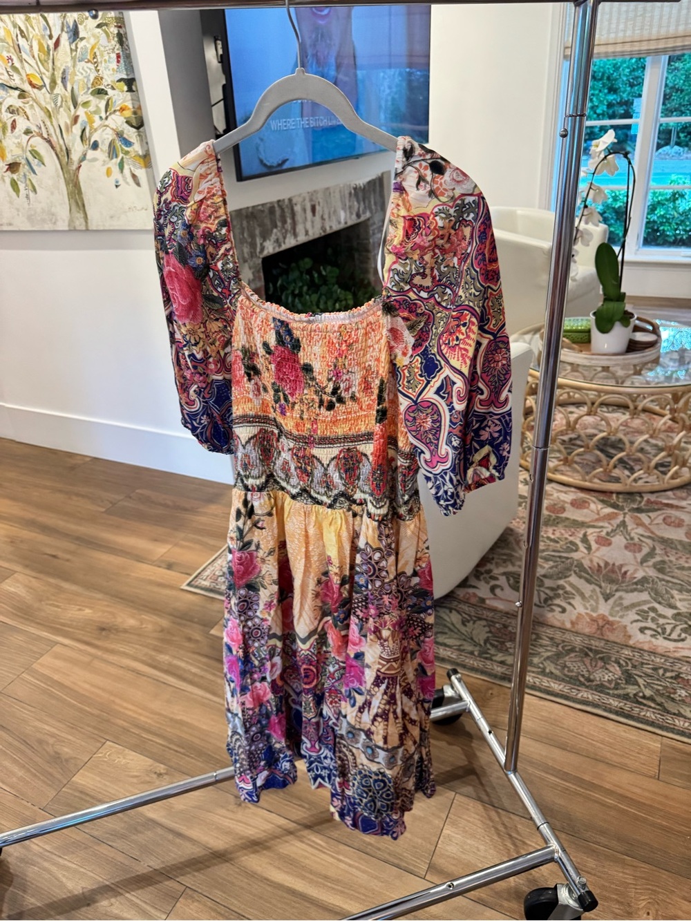 Atelier Sona Multicolor Floral Paisley Puff-Sleeve Midi Dress